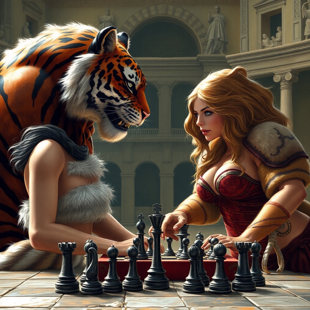 A young woman in a fur bikini top playing chess with a giant humanoid powerful tiger man in an ancient Roman arena. Both are facing each other, side to the camera. Both are looking at the board