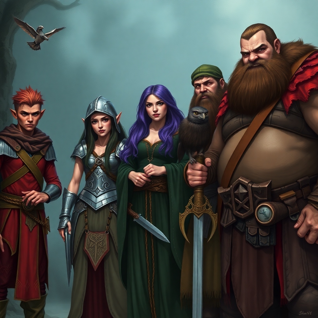 A five member dungeons and dragons adventuring party consisting of: A red-skinned thin male elven bard, a thin adrogynous female half-elf cleric/warlock wearing chainmail with a shadow raven familiar,  a curvy female half-elf warlock with purple hair wearing robes, a short but wide male dwarven ranger, and a very tall male half-giant barbarian/paladin.