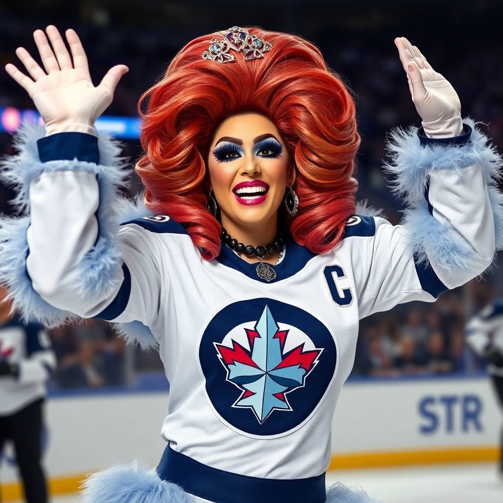 Create a drag queen celebrating the Winnipeg Jets and encouraging everyone to cheer for them in their game tonight