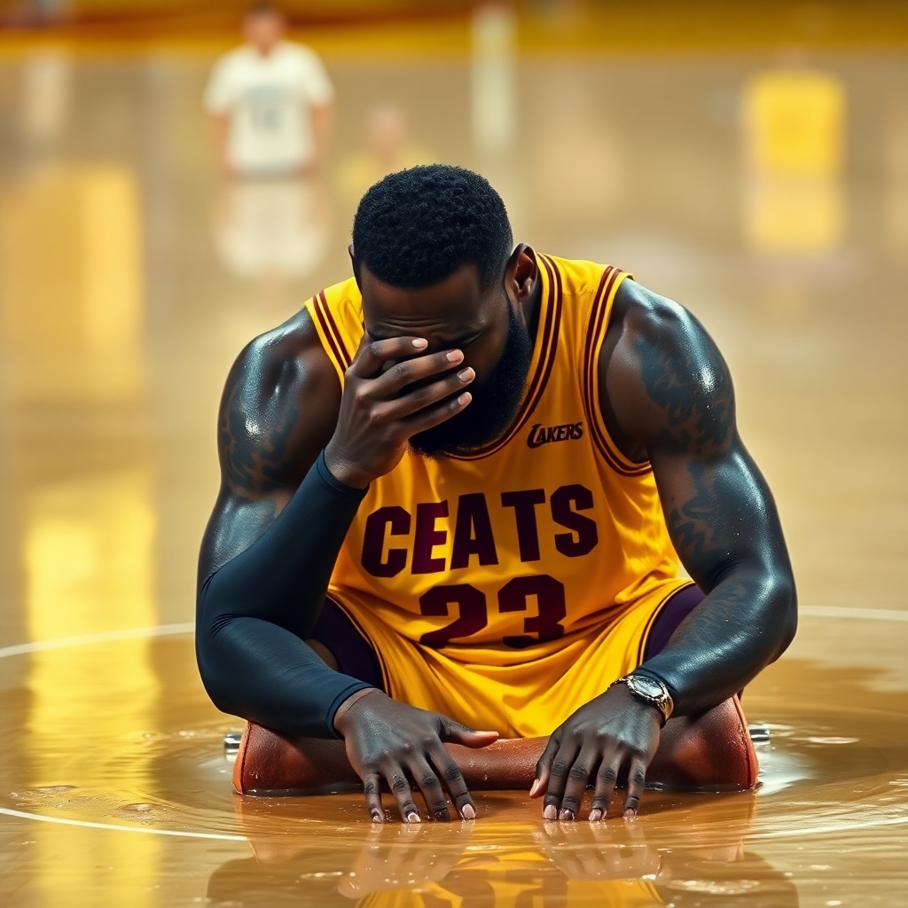 lebron James crying, sitting in a puddle of tears