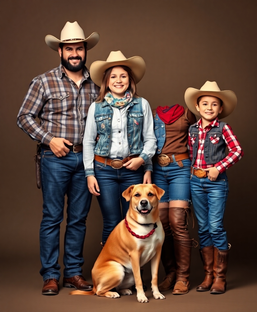 A high quality photo image of a family of four, Man, Woman, two kids, dressed as cowboys, with a dog by their side