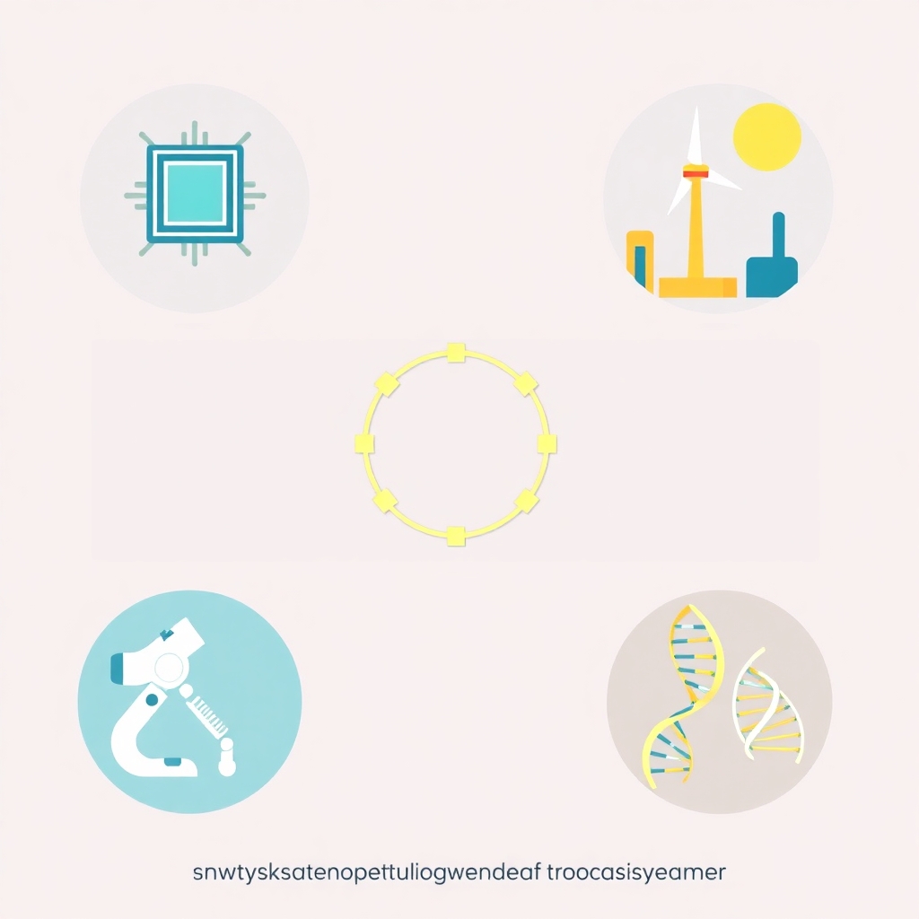 Stwórz nowoczesną grafikę wektorową w stylu flat design, podzieloną na trzy poziome sekcje. Użyj kolorystyki: granatowy, zieleń, akcenty żółci i bieli. Każda sekcja prezentuje inny obszar technologii wspieranych przez UE w ramach STEP: – pierwsza sekcja: ikona mikrochipu i liścia (cyfrowe + zielone technologie) – druga sekcja: turbina wiatrowa i mikroskop (OZE + nauki przyrodnicze) – trzecia sekcja: helisa DNA i sylwetka instytucji (biotechnologie + wsparcie UE) Bez żadnych napisów. Układ symetryczny, estetyczny, profesjonalny, z naciskiem na symbolikę innowacji i rozwoju.