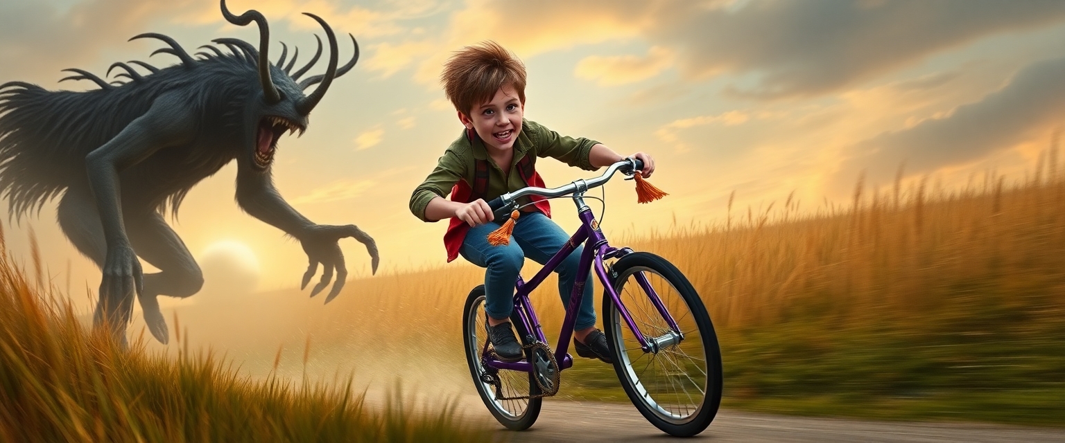 Terrified and cowardly 12 year old nerd boy racing away from a 12 foot tall wendigo on his purple bicycle with tassels coming from the handles