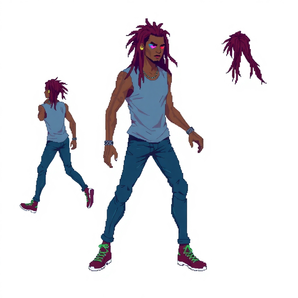 Generate a pixel sprite of a 2d cyberpunk male with dreadlocks. TIleset should include a walking, running, jumping, and standing animation.