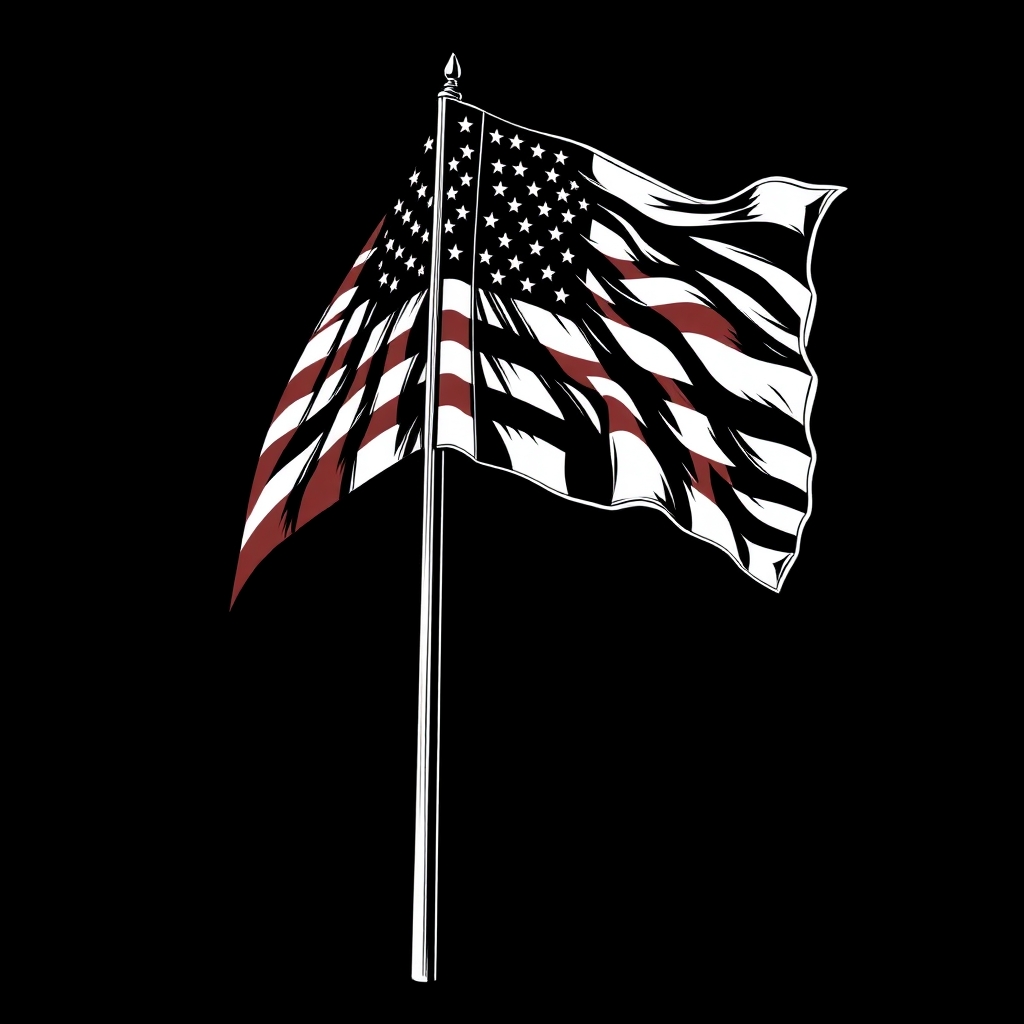 create a detailed black vector graphic, with a American Flag waving in the wind on a Flag Pole