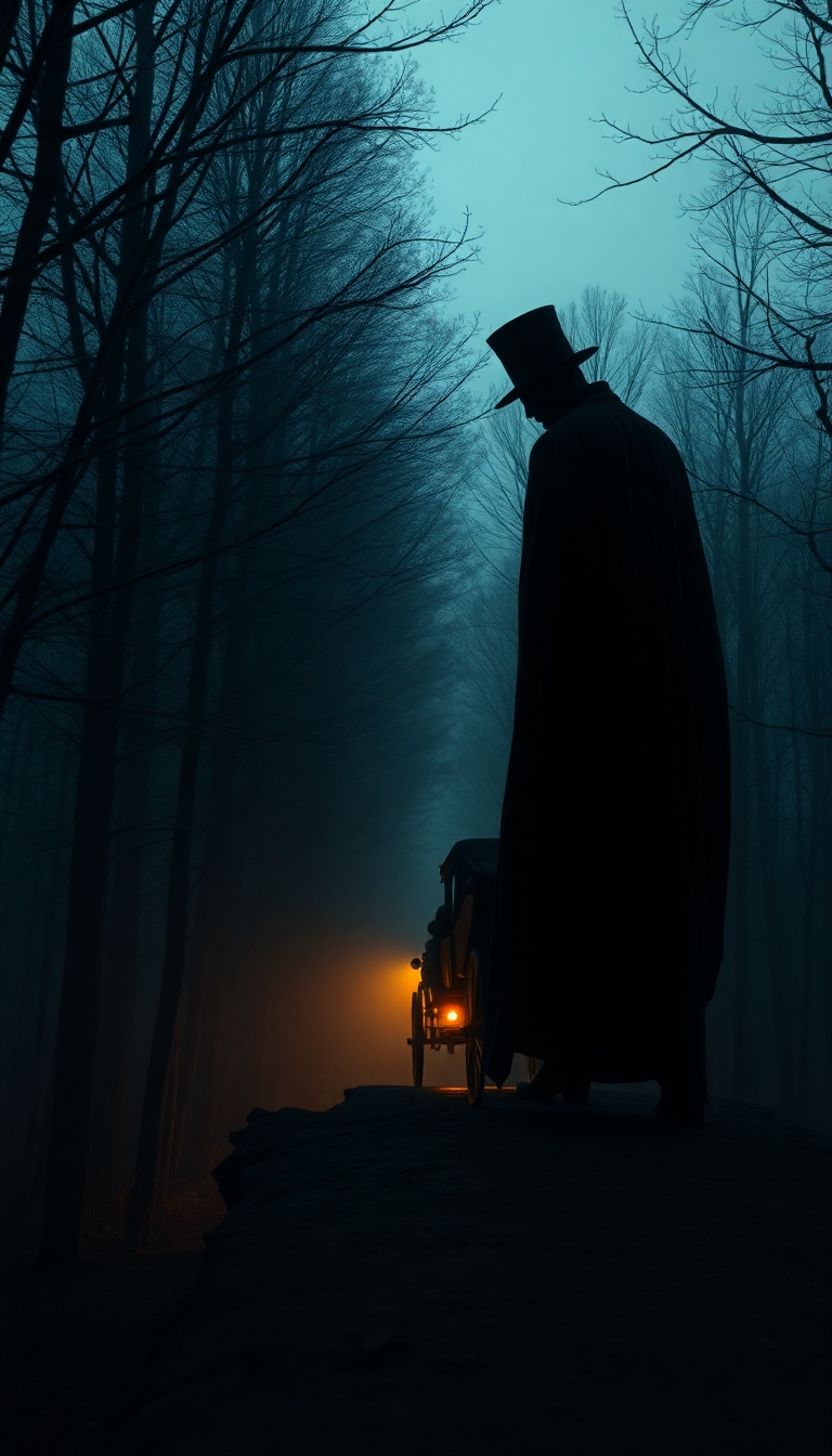 A dark human ghost with a top hat on the edge of a thick wood at dusk scaring a horse drawn carriage