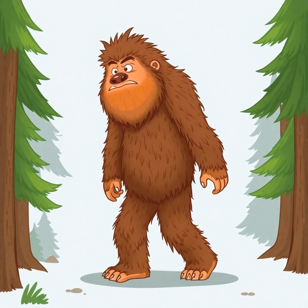 please create a cartoon drawn picture for a children's book of the following: Bigfoot or Sasquatch.  Big, strong and hairy, but make him cute and more likable for a 3-7 year old child.