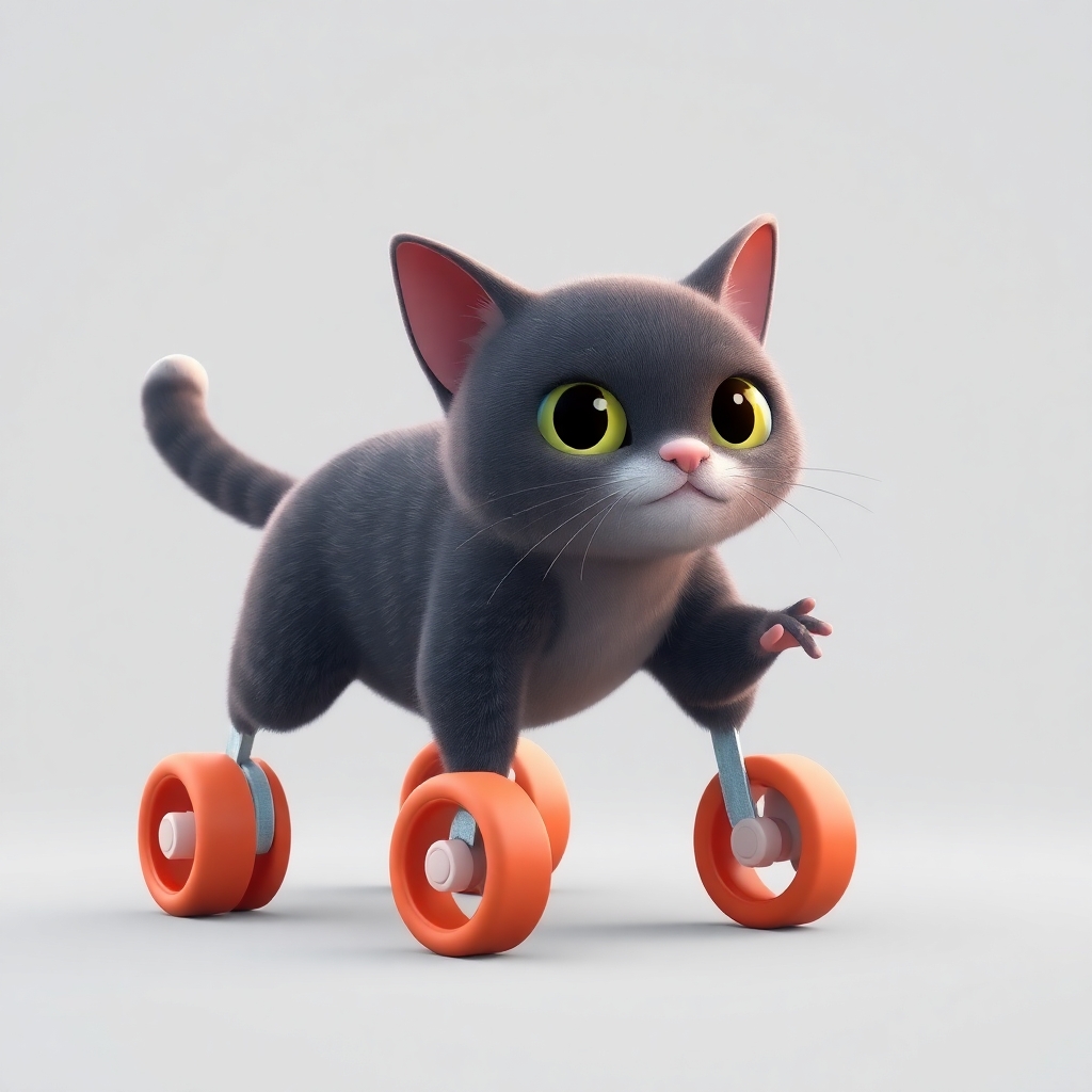 A cat with wheels for legs. Animated 3d art style