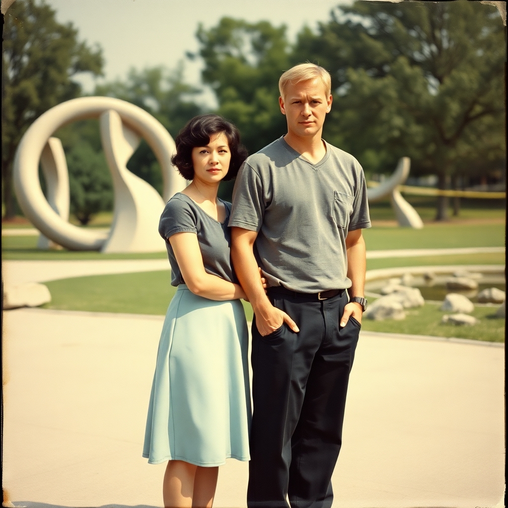 a vintage photograph depicting an old, romantic moment between a couple in a park setting, the woman, with short, dark hair and a light blue skirt, is standing close to the man, who has short, light blonde hair and a serious expression. The man, dressed in a grey, short-sleeved shirt and black trousers, is standing beside him, with his hands resting on his hips. He has a slight smile on his face, and his eyes are looking straight ahead. In the background, there are several large, abstract sculptures, including a large, circular structure, and a few trees. The ground is made of concrete, and the setting appears to be a park or garden, with a few scattered rocks and a small pond in the distance. The lighting is soft and natural, casting shadows and highlights on the couple, giving it a vintage, old-fashioned feel.