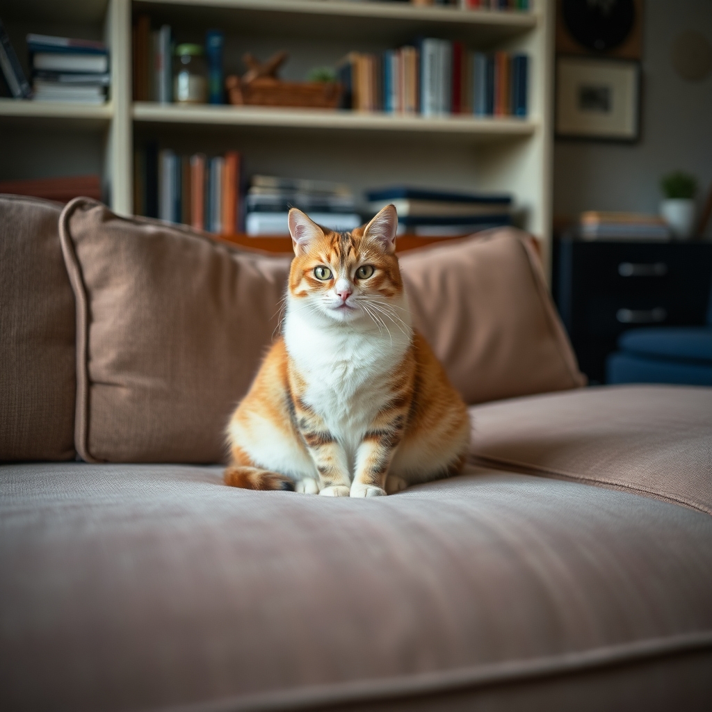 photograph, candid shot, famous randomly couch and randomly finished with randomly cats, center point for cat, Use camera is Canon EOS 5D Mark IV with a Canon EF 24mm f/1. 4L II USM lens, set at aperture f/2. 8 for a depth of field that highlights the furniture clean lines with rich and many detail, randomly color and finished, soft ambient light, studio light setting, ultra realistic, UHD, many details