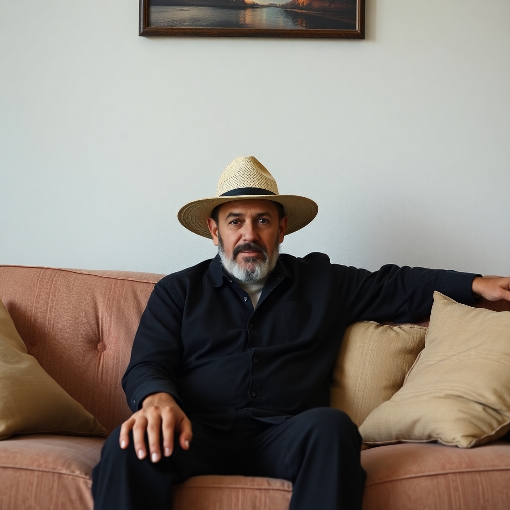 man in a hat on a couch