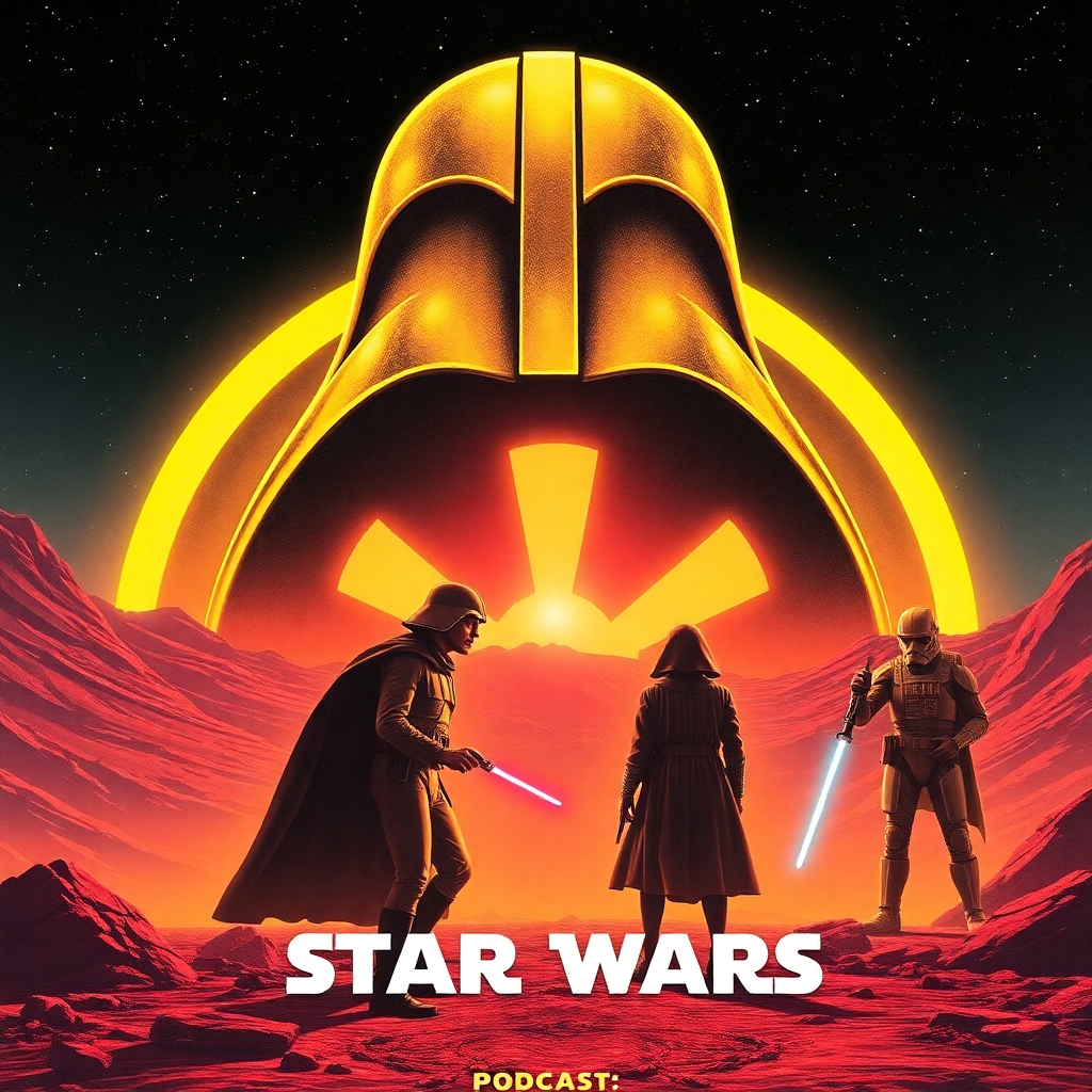 image for podcast episode art evoking Star Wars and, to a lesser degree, other 1970s science fiction movies like The Omega Man, Alien, Westworld, Logan's Run, A Boy and His Dog, Sleeper, etc. (don't use any words or type...as in don't say Star Wars or anything else)