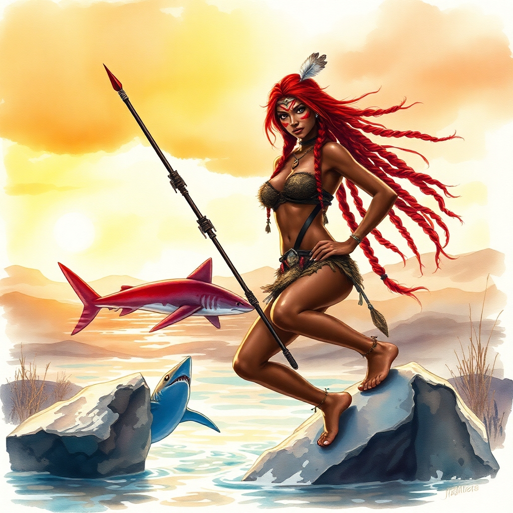 A watercolor painting of a strong, red-haired tribal warrior woman standing confidently in a windswept, post-apocalyptic landscape. She has long braided hair with a feathered accent, vibrant red warpaint across her face and body, and any jewelry and accessories fur and tribal inspired by nature. Her pose is heroic and proud, with a glowing sunset in the background casting warm hues. The style is soft, atmospheric watercolor with fine detail on her facial expression and body paint.  She has dark skin like a half black girl. Her microbikini is so small and tiny and tight it looks painted on and blends in with her warpaint. Her bottom clothing is a tiny fur thong she is spear fishing with each one of her two feet on separate large rocks.  There are two rocks and a giant shark swimming between them. She is in a semi squatting  position thrusting the spear in between the two rocks her feet are on downward through the river and into the shark