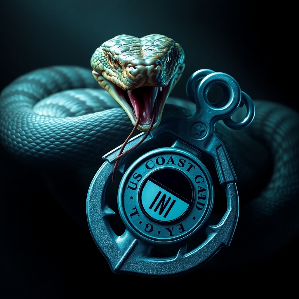 A rattlesnake coiled, ready to strike, looking at you with its mouth open, venom dripping from its fangs, its rattle raised and shaking. A US Coast Guard Chiefs anchor is leaning against the coils of the snake