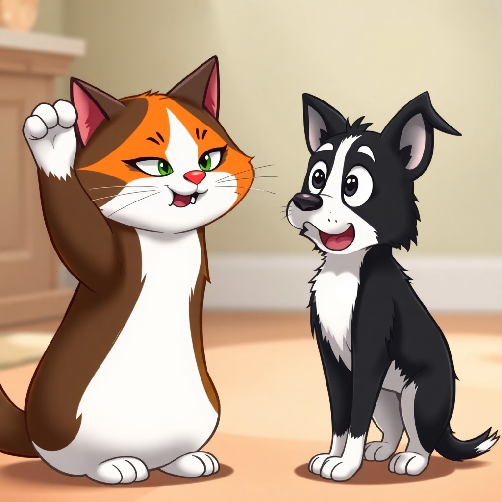 A cartoon of a chubby tricolor female cat preparing to swipe at a frightened black-and-white female Border Collie. The cat, with its vibrant tricolor fur, has an mischievous expression and is lifting its right front paw, ready to strike. The Border Collie, in stark black and white, appears startled, with wide eyes and a nervous posture. The background is soft and blurred, with natural lighting highlighting the characters’ emotions. The animals’ expressions are detailed and lifelike, capturing the playful tension in the moment with a timeless, classic feel