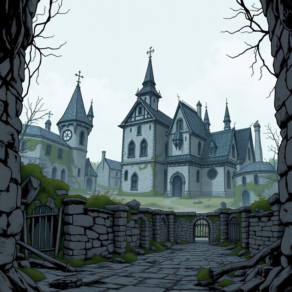 An abandoned and ruined archive of noble estates drawn in comic gothic style and in Mordheim.