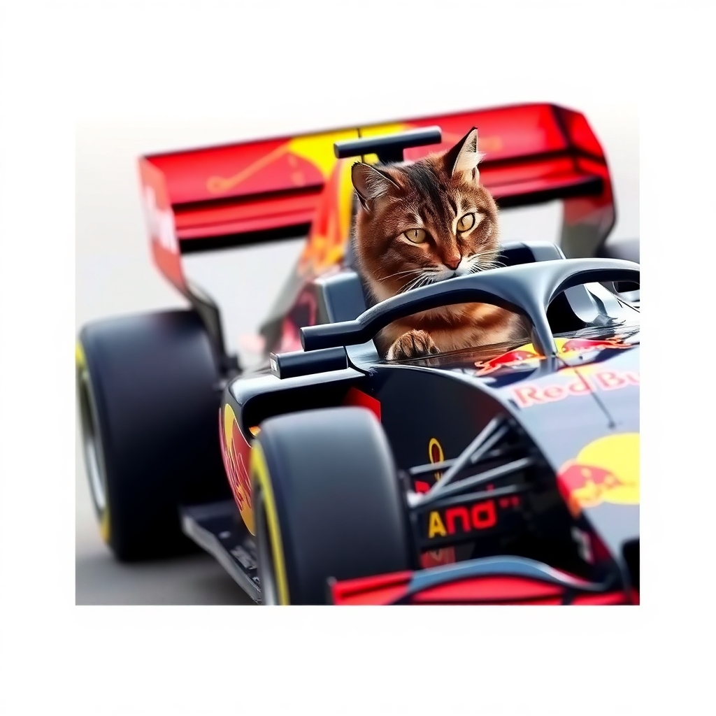 Cat driving a redbull racing F1 car, picture from the side showing the whole F1 car from the side