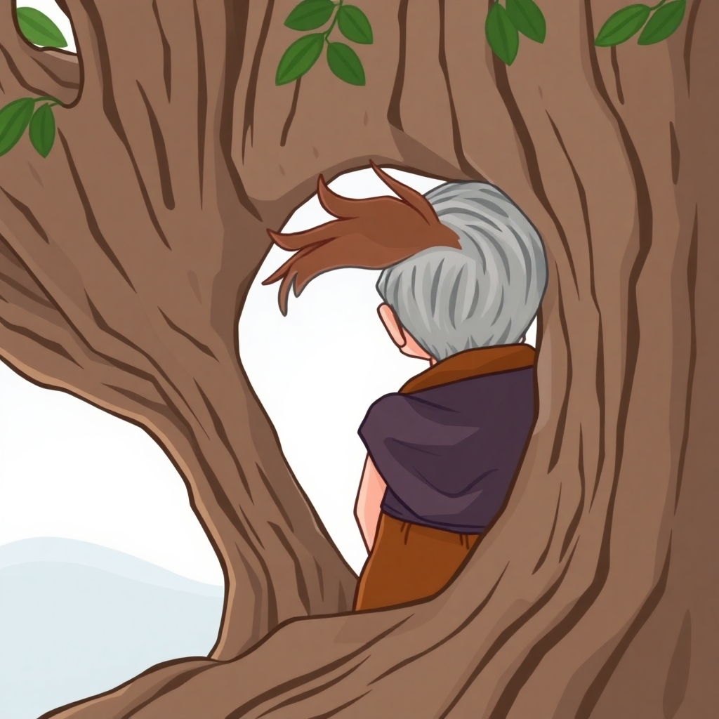 a cartoon drawn little boy with brown hair and his grandfather with short gray hair from the back view looking out from inside a hollow tree . This is for a children's book so make him cute, innocent and likeable for the reader to look at. I would like the same character doing the following: wearing 815 BC Ancient Greece clothes. https://www.imagiyo.com/images/mxkaz6Y5aJ0P/view