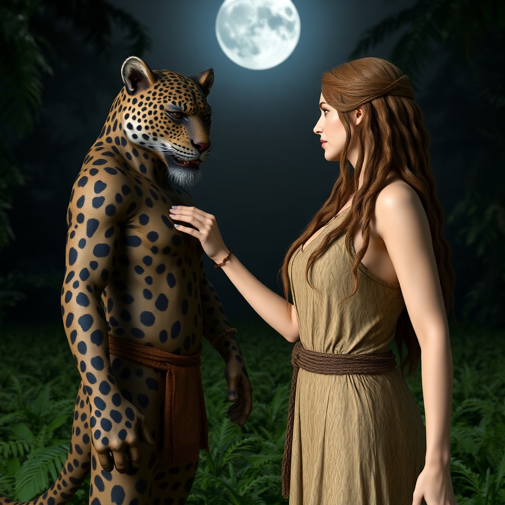 A mysterious beautiful female Druid wearing an animal skin standing side to the camera facing a powerful humanoid leopard man. Her hand is resting on his chest. They are in a jungle clearing on a moonlit night.