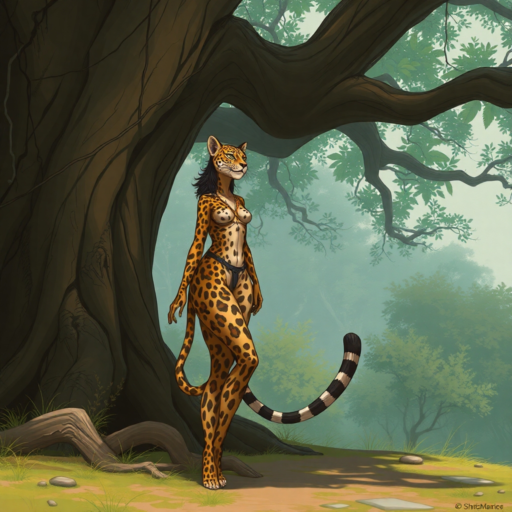 A humanoid lithe leopard woman standing by a huge tree looking relaxed, athletic and composed