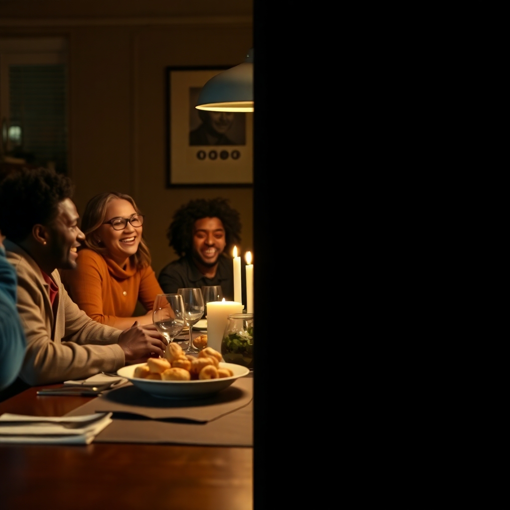 A split-image concept of a black family: On the left, a family laughing at a dinner table. On the right, a dimly lit, empty chair at the same table (symbolizing loss) Make sure the chair is visible.
