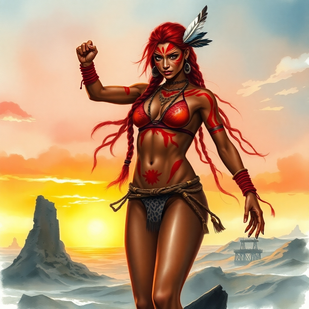 A watercolor painting of a strong, red-haired tribal warrior woman standing confidently in a windswept, post-apocalyptic landscape. She has long braided hair with a feathered accent, vibrant red warpaint across her face and body, and any jewelry and accessories fur and tribal inspired by nature. Her pose is heroic and proud, with a glowing sunset in the background casting warm hues. The style is soft, atmospheric watercolor with fine detail on her facial expression and body paint.  She has dark skin like a half black girl. Her microbikini is so small and tiny and tight it looks painted on and blends in with her warpaint. Her bottom clothing is a tiny zebra skin thong.  She is standing on a giant thin pillar that is stretching out from a violent tide ocean.  She is practicing her martial arts kicking