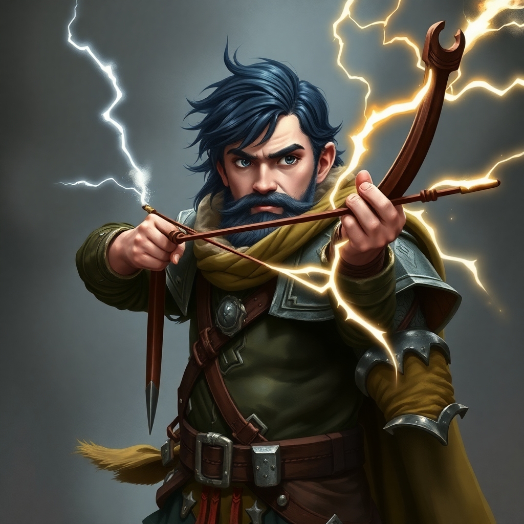 A fifth-edition dungeons and dragons character who is a dwarf ranger. He has black hair, gray eyes, weilds a magical bow that creates lightning, and wears a mithril breastplate.