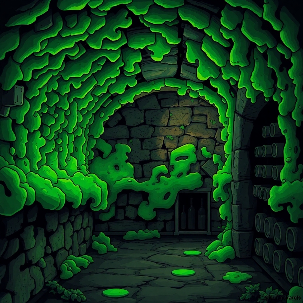 glowing green mold growing in a wine cellar covering the walls. Art style should be comic gothic.