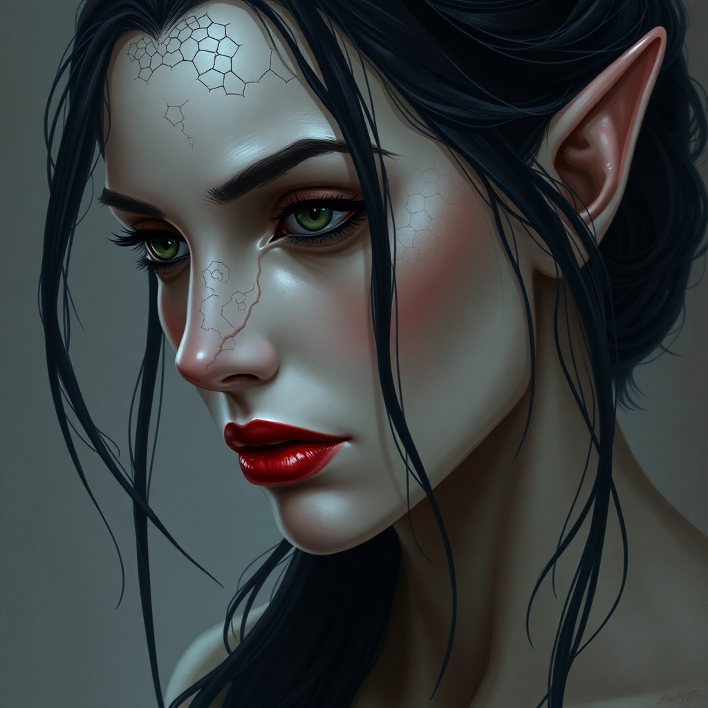 A pale-skinned female elf with red lips and black hair. She has been cursed with undeath and hungers for love