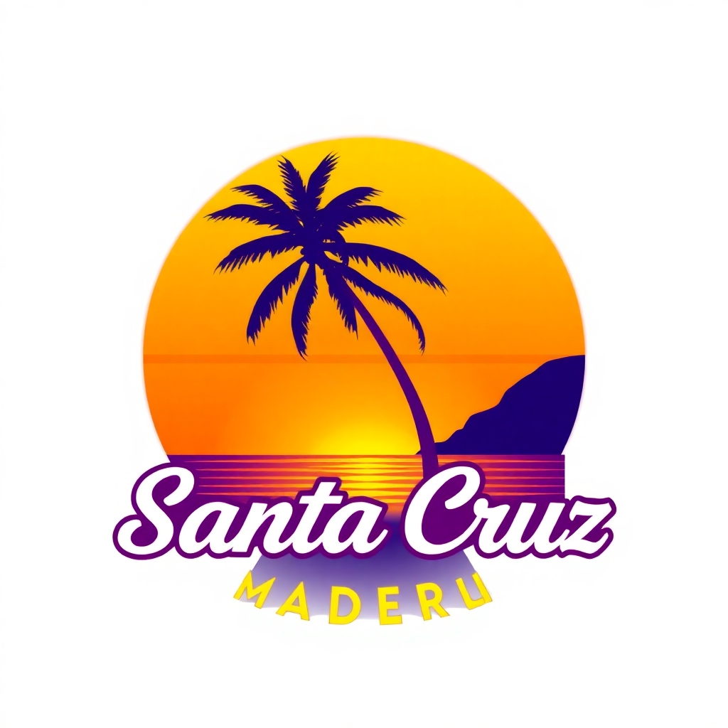 for a t-shirt logo with the text "Santa Cruz, Madeira" minimalistic, 70s style including a sunset and a palm tree is bright neon colours