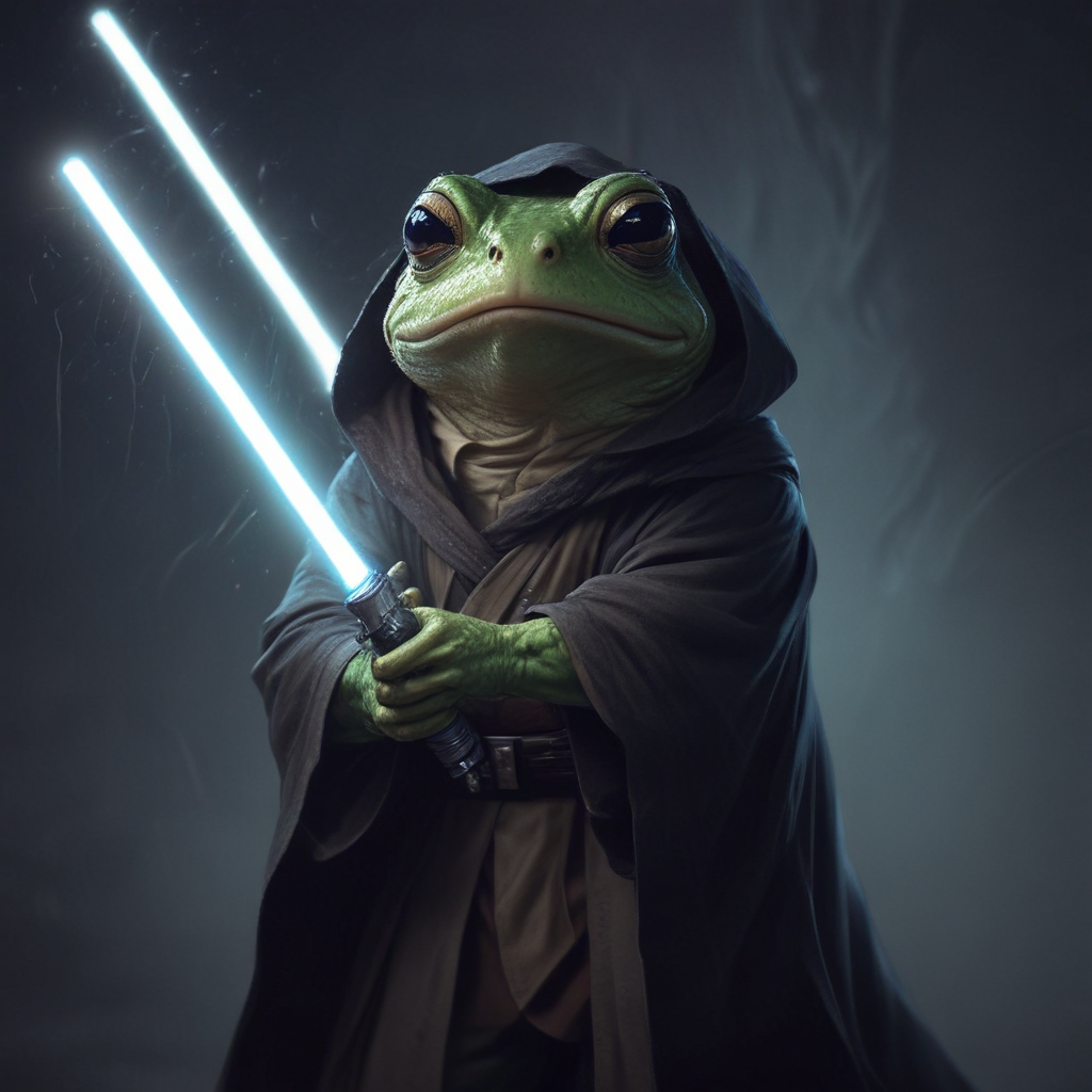 a jedi frog holding a light saber