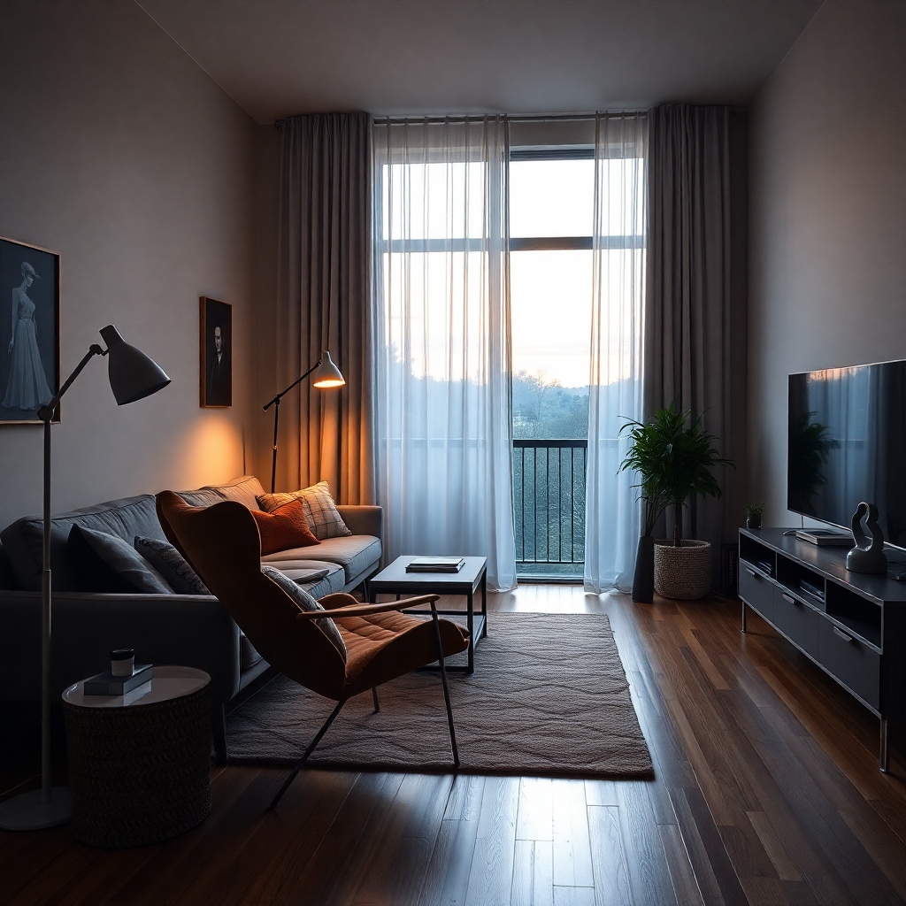 mid-sized living room with a candid angle, dieter Rams 620 chair program, flos Arco floor lamp, Nikon Z6 II, 35mm f/1.8 lens, dusk light streaming through sheer curtains