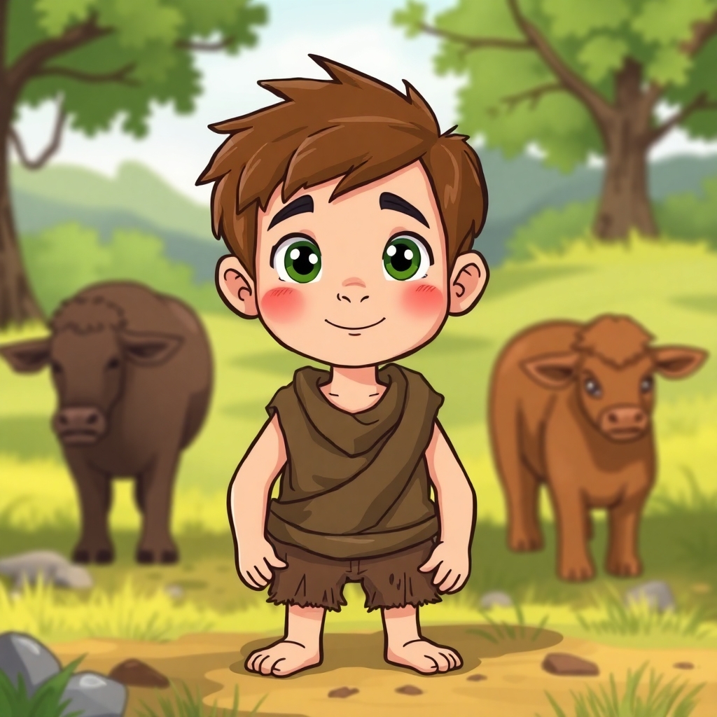 a cartoon drawn little boy with brown hair and green eyes at age 11 on a farm. This is for a children's book so make him cute, innocent and likeable for the reader to look at. I would like the same character doing the following: wearing neanderthal time period clothes. https://www.imagiyo.com/images/mxkaz6Y5aJ0P/view