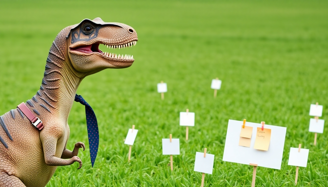 A T-Rex wearing a tie on the left of view. He is seen in profile. His mouth is wide open. The T-Rex is looking across a large field of green. Randomly across the green fields are index cards on sticks sticking out of the ground, and one white board with several sticky notes on it.