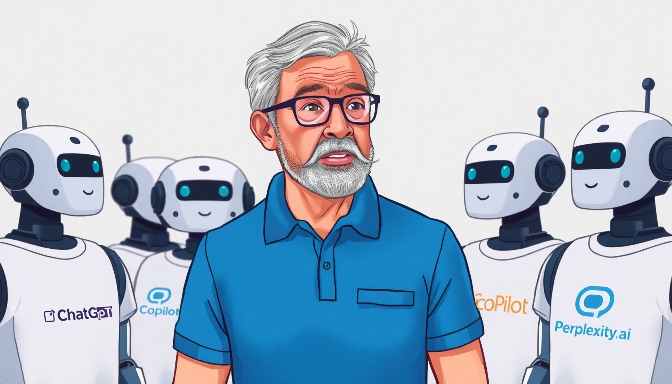 A man is wearing a blue polo shirt with slightly gray hair, a short beard, and glasses is scolding a group of robots. Each robot is wearing a t-shirt. They each have a different logo on the their shirt. The logo is one of the following: ChatGPT, Copilot, or Perplexity.ai