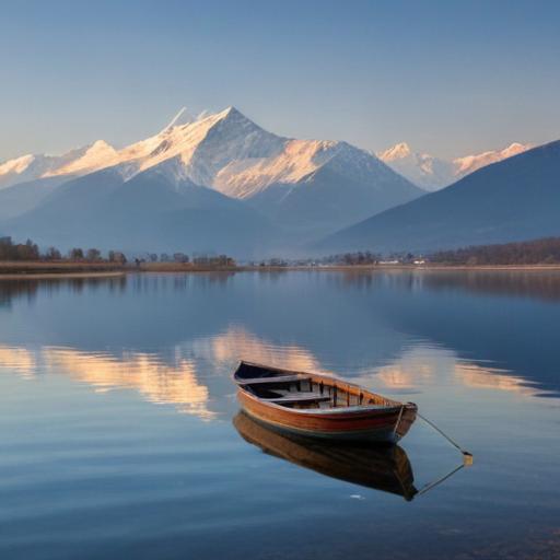 A small wooden boat is floating on the lake, reflecting the mountains in the clear blue sky, distant snow-capped mountain peak adds depth to the scene, soft ripples on the lake, natural beauty and tranquility