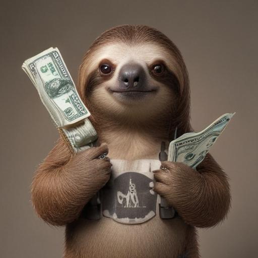 a sloth standing holding a glock with a stack of dollars in his hand