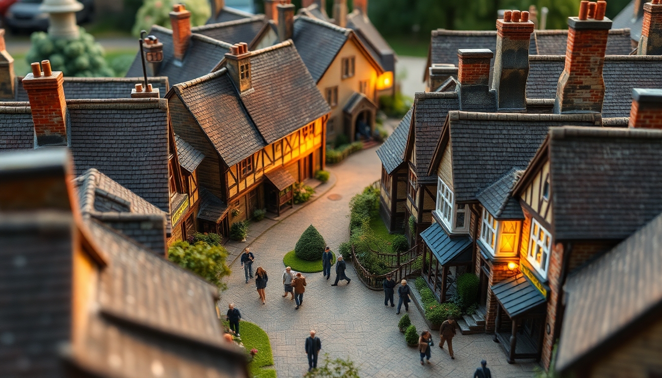 diorama miniatures view of a small English village. Arial view. People walking about. Gritty. Fine detail.