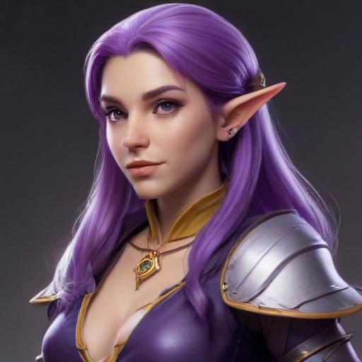 A 5E dnd charachter who is a female half-elf sorceror. She has purple hair, and is slightly plump