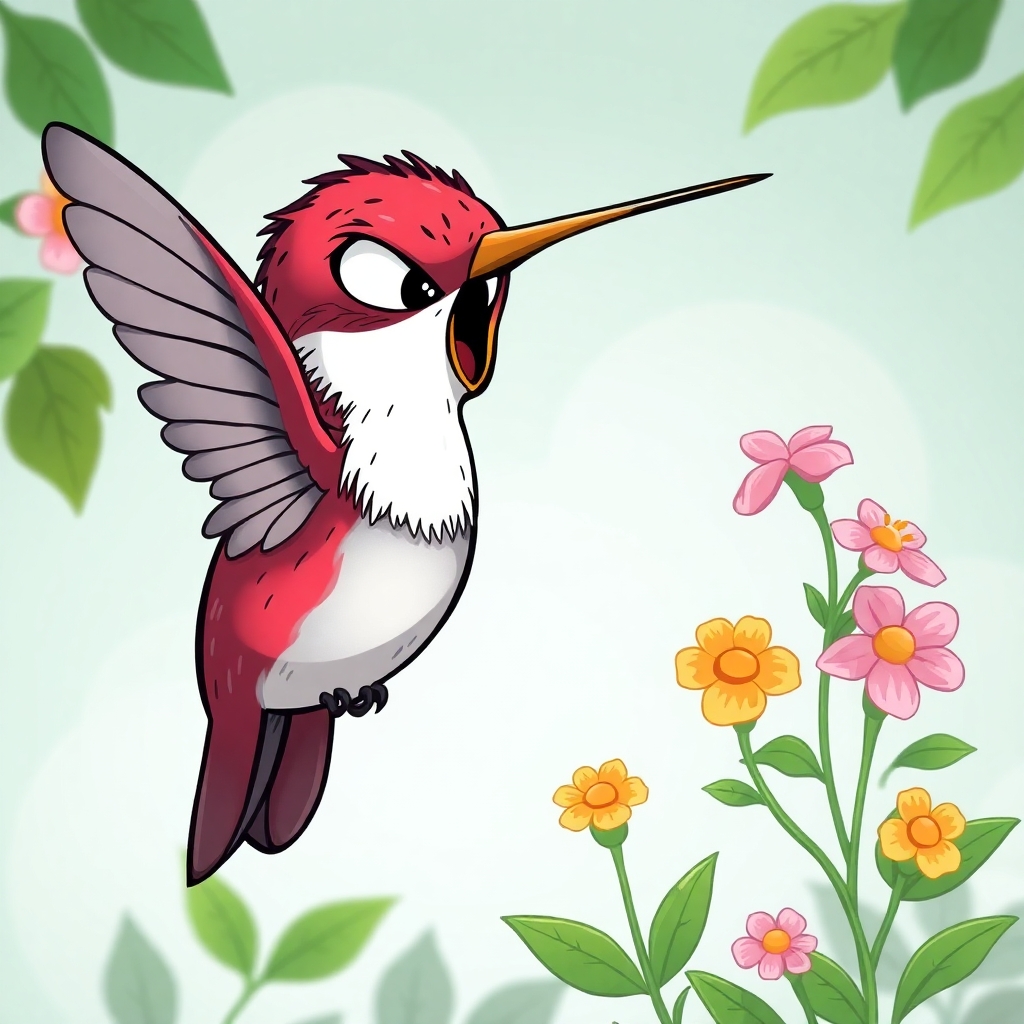 Please create a cartoon drawing  of a very sinister and strong looking hummingbird who is trying to take over another hummingbird's garden. for a children's book.