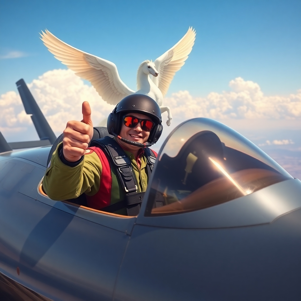 a fighter jet pilot sitting in the cockpit and giving the thunbs up gesture with a pegasus flying in the background