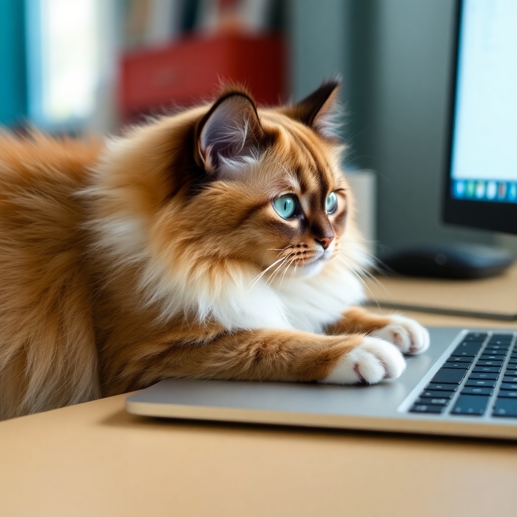 Ragdoll cat stares at screen while typing on laptop computer