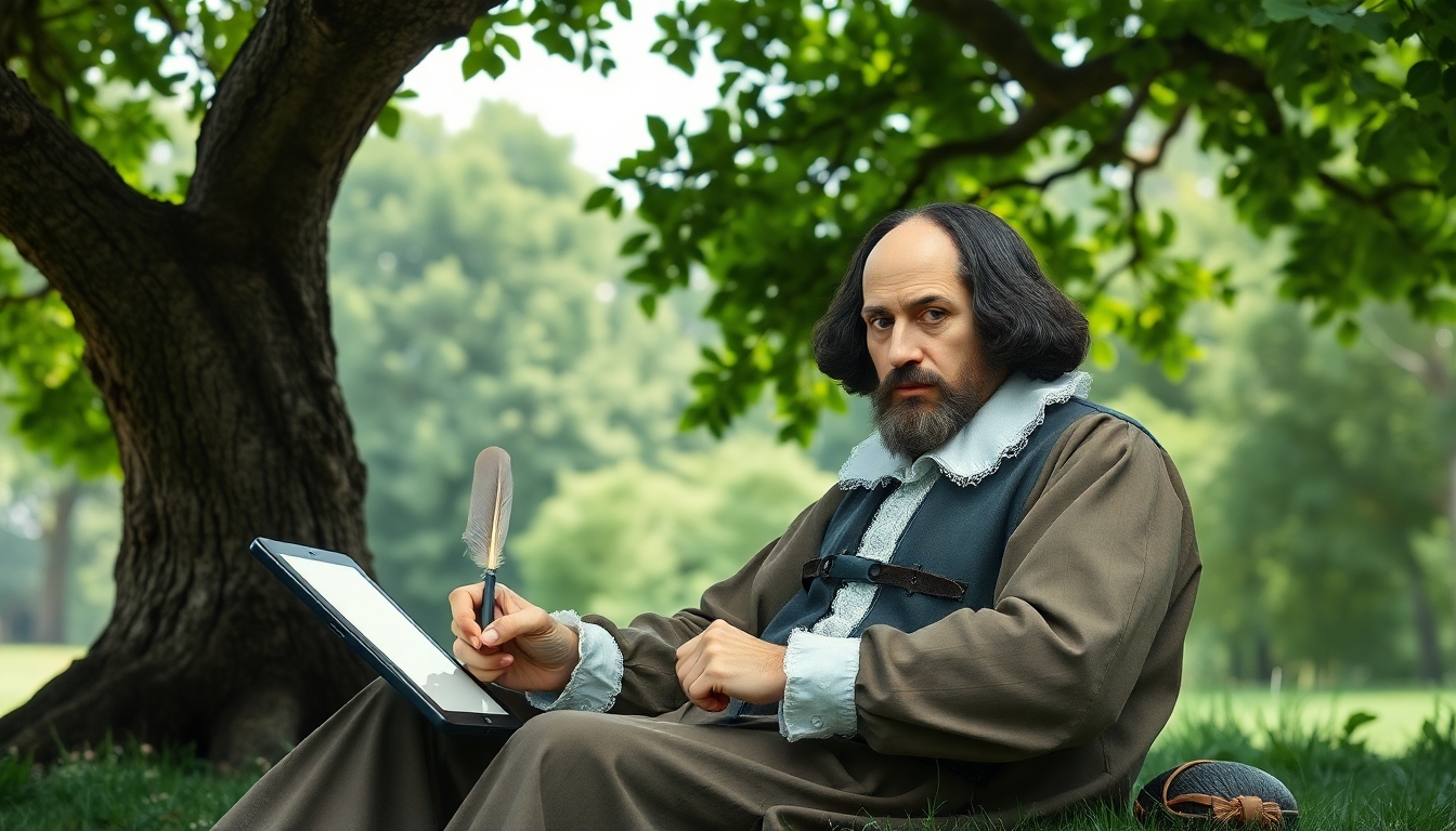 An image showing William Shakespeare sitting under a tree writing on an iPad with a quill pen.