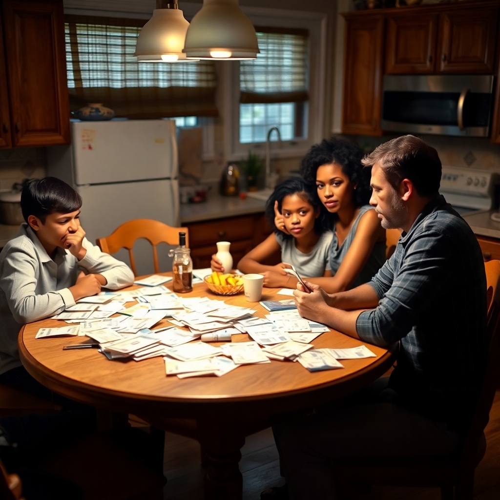 Image: A family-multi-racial(looking extremely stressed out) at a kitchen table with utility bills spread out