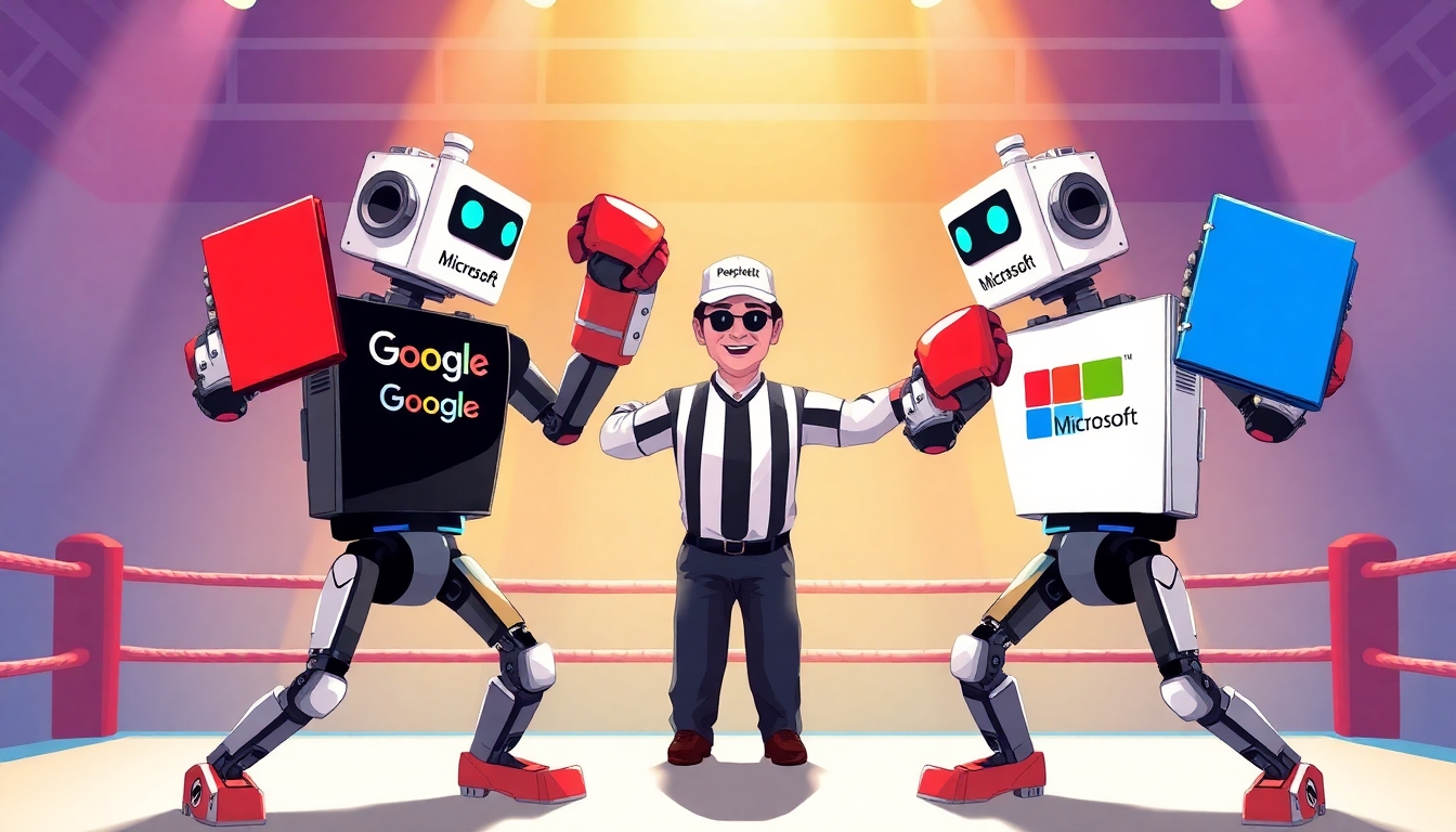 Illustrate a dynamic scene of “Rock 'Em Sock 'Em Robots” robots in a boxing ring. One robot wears a Google t-shirt, the other wears a Microsoft t-shirt. Both robots wield notebook binders as weapons instead of using their fists. The binder one robot has is red, the binder the other robot has is blue. A third robot, acting as the referee, wears a Perplexity-branded hat. The setting is vibrant and playful, emphasizing a friendly competition between the two tech giants, with clear branding on the robots and the referee. The style should be engaging and suitable for a professional blog post about AI productivity tools.