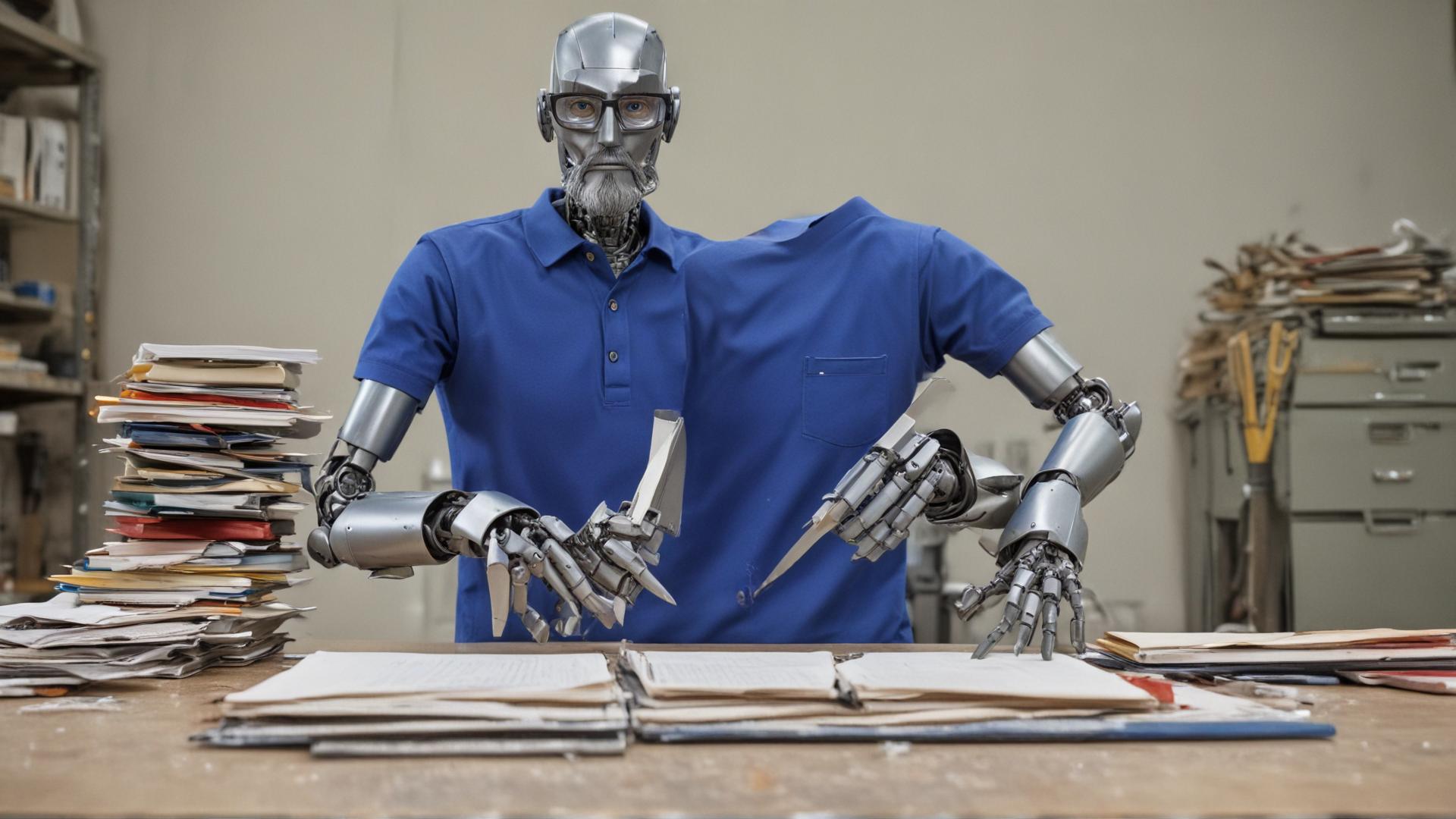 A metal robot with a thin, partially grey beard and eyeglasses, wearing a blue polo shirt, stands facing forward at a cook's chopping table. On the robot's right is a taller pile of bound notebooks, and on the left is a smaller, neatly stacked pile of paper. The robot holds a multi-function knife, similar to a Swiss Army knife or Leatherman multi-tool, in its left hand and a binder from the notebook pile in its right hand. The robot's hands are blurred, indicating rapid movement as it swiftly reduces the binders into simple paper.