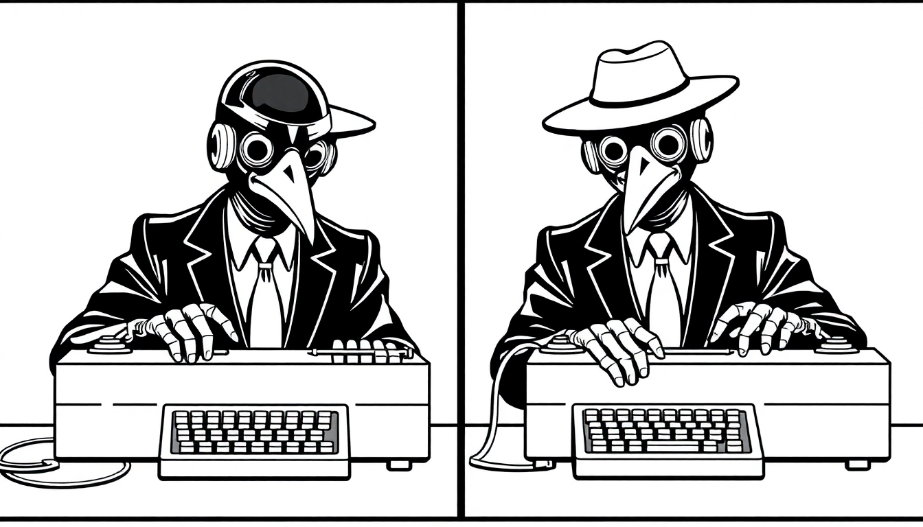 Imagine a scene from Mad Magazine's Spy vs Spy where the black and white spies are shown in split view, both working on typewriters. Replace the crow faces of the spies with robot faces.