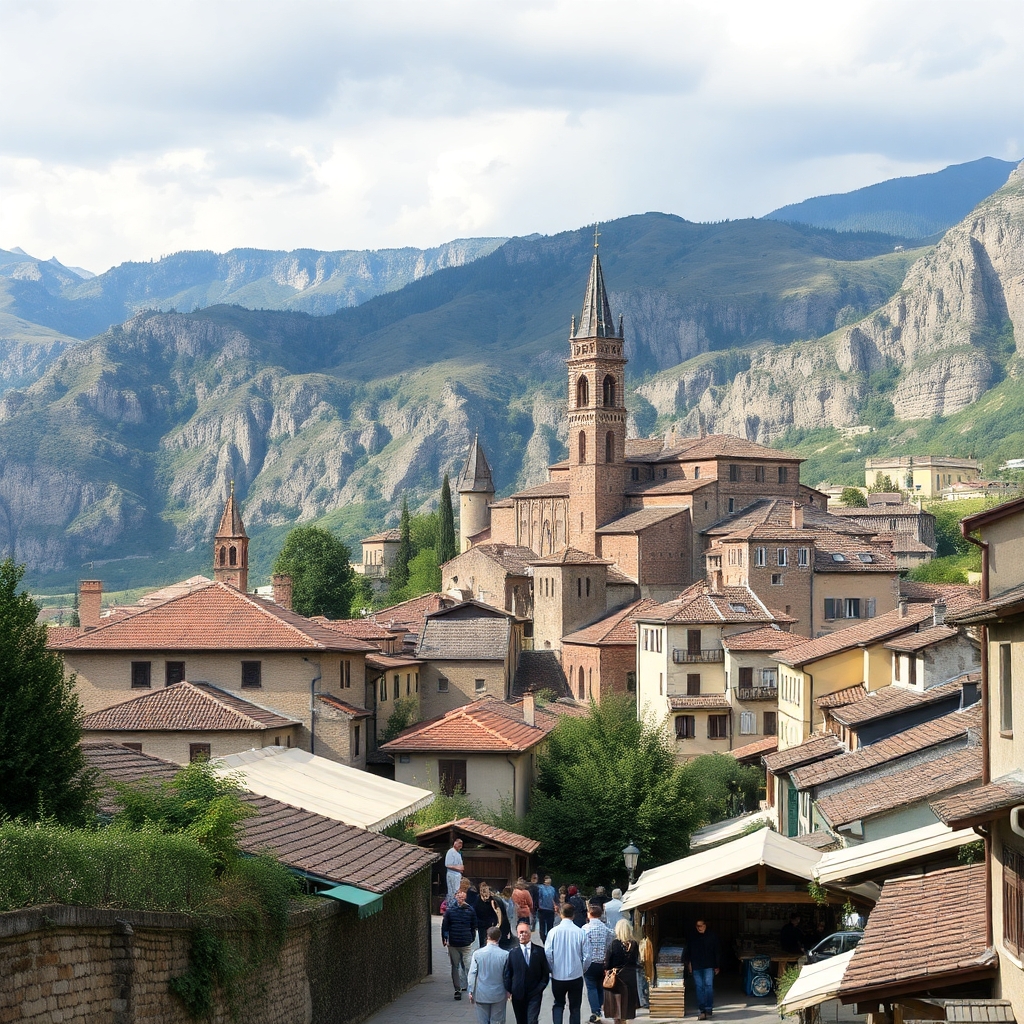 medieval city between mountains close up market