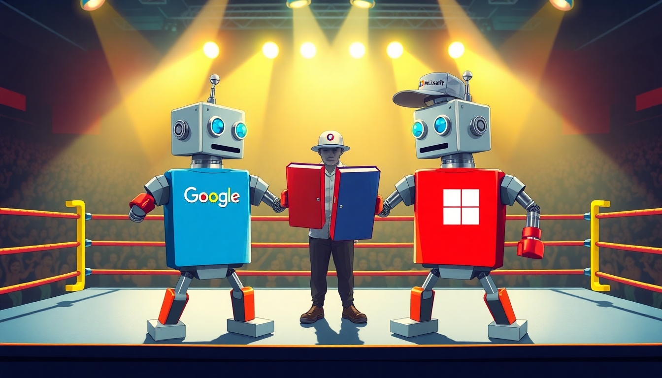 Create a vibrant, eye-catching illustration of two classic Rock'em Sock'em-style robots in a boxing ring. One robot is wearing a Google-branded T-shirt, and the other is wearing a Microsoft-branded T-shirt. Instead of boxing with their fists, each robot is wielding a large, colorful notebook binder as a playful weapon. One binder is blue, the other is red. The scene is being refereed by a third robot, styled in a neutral metallic color, wearing a hat with the Perplexity logo clearly visible. The atmosphere should be energetic and fun, with the boxing ring set under bright lights and a lively, tech-inspired audience in the background. The overall style should be polished, modern, and suitable for use in a professional technology blog or publication. Avoid using any copyrighted logos; use suggestive branding (such as color schemes and general design elements) to represent Google, Microsoft, and Perplexity.