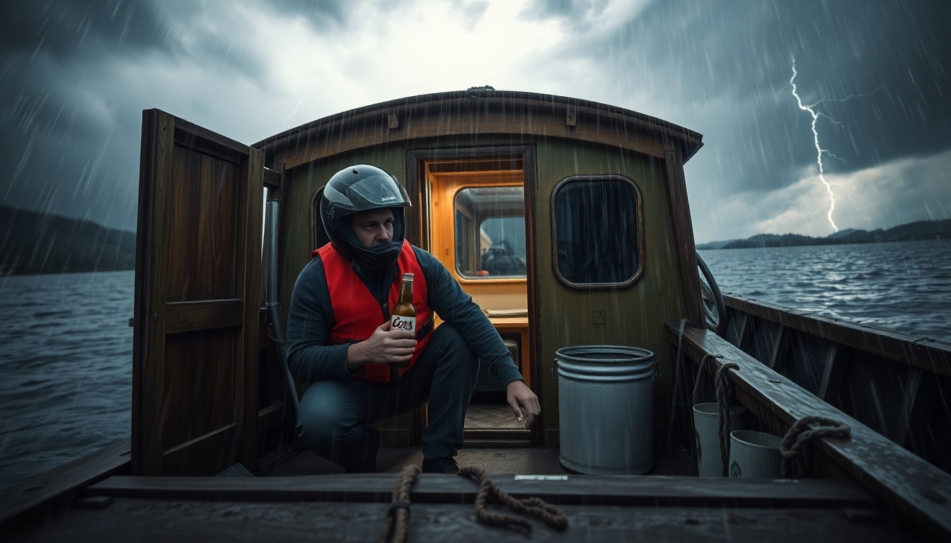 Man taking shelter inside the lower cabin of a docked old houseboat, crouched wearing a motorcycle helmet, life vest and clutching a coors light beer during a severe thunderstorm with torrential rain and strong winds